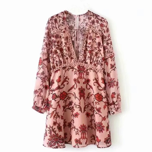 Long Sleeve Boho Floral Gypsy Print Dress Pink - Picture 8 of 14